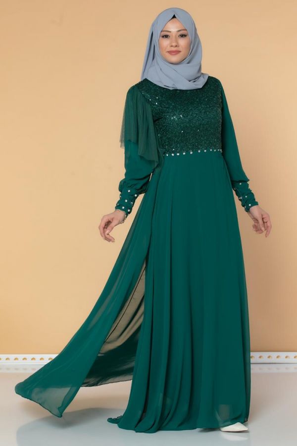 Taş Ve Tül Detaylı Tesettür Abiye-1459 Zümrütyeşili - 1
