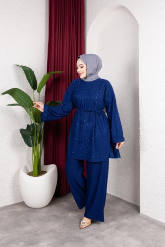 Modaebva - Taşlı İkili Tesettür Takım-2004 Saks mavisi