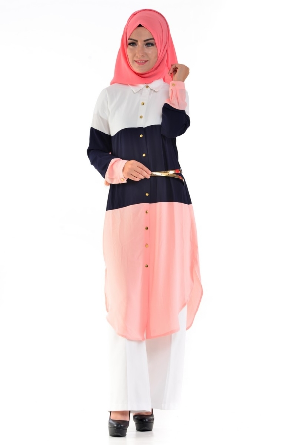 Üç Renkli Önden Düğmeli Tunik 12865