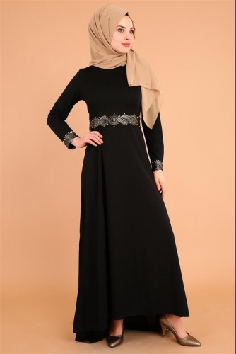 Varak Ve İnci Detay Kuyruklu Elbise-3531Siyah - Thumbnail