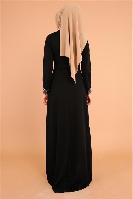 Varak Ve İnci Detay Kuyruklu Elbise-3531Siyah