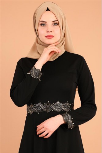 Varak Ve İnci Detay Kuyruklu Elbise-3531Siyah - Thumbnail