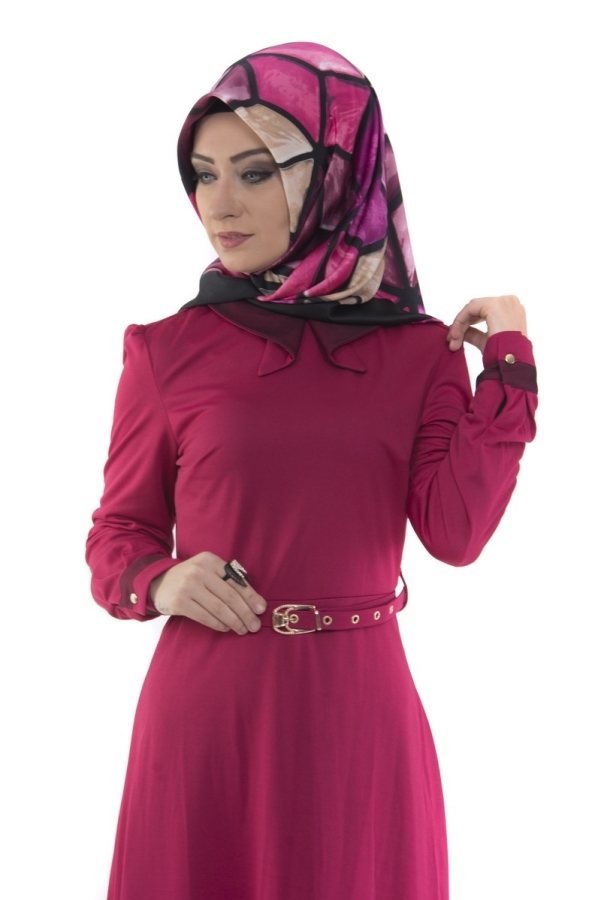 Yaka Ve Sırt Detaylı Kemerli Elbise Fuşya-4051