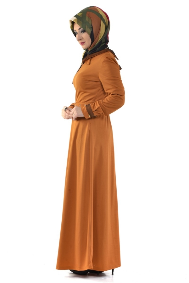 Yaka Ve Sırt Detaylı Kemerli Elbise Hardal-4051