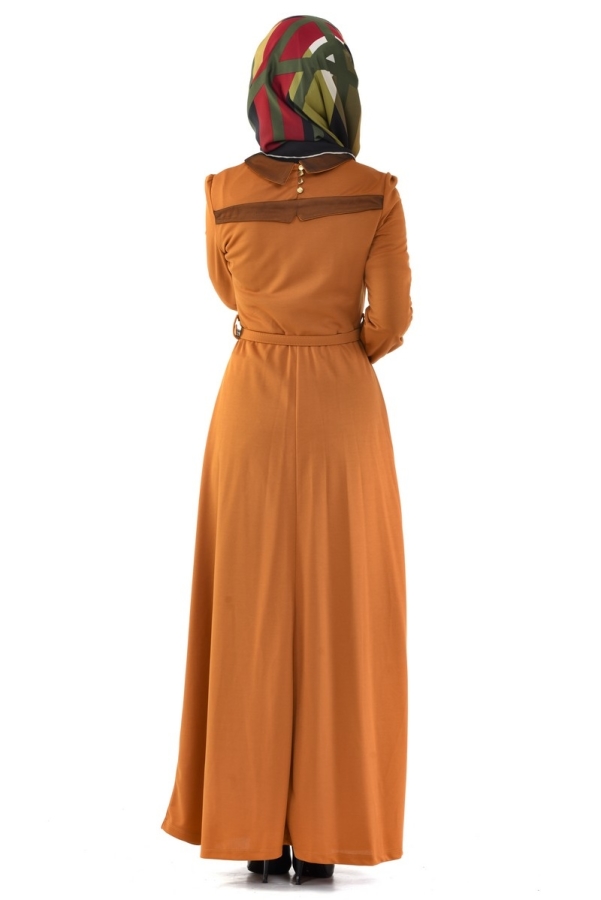 Yaka Ve Sırt Detaylı Kemerli Elbise Hardal-4051