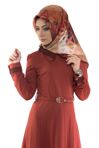 Yaka Ve Sırt Detaylı Kemerli Elbise Kiremit-4051 - Thumbnail