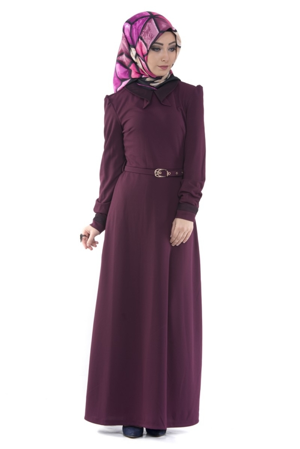 Yaka Ve Sırt Detaylı Kemerli Elbise Mürdüm-4051