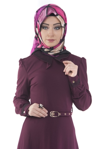 Yaka Ve Sırt Detaylı Kemerli Elbise Mürdüm-4051 - Thumbnail