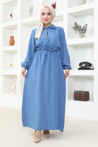 NEVA - Yakalı Fermuarlı Keten Elbise-2327 Mavi
