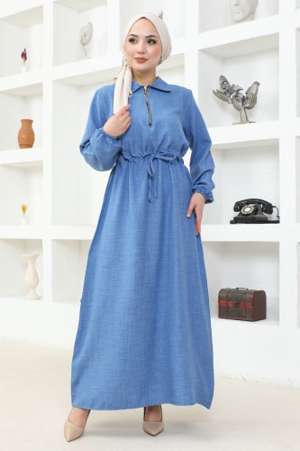 Yakalı Fermuarlı Keten Elbise-2327 Mavi - Thumbnail