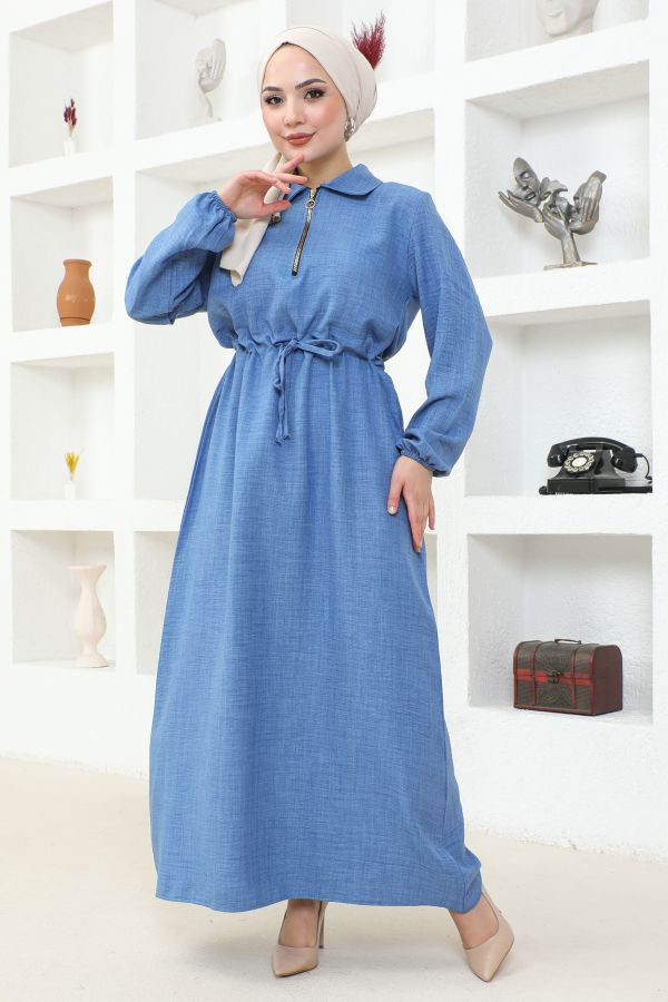 Yakalı Fermuarlı Keten Elbise-2327 Mavi