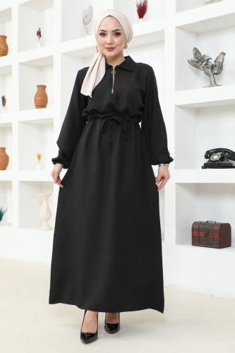 Yakalı Fermuarlı Keten Elbise-2327 Siyah - Thumbnail