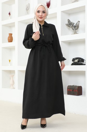 NEVA - Yakalı Fermuarlı Keten Elbise-2327 Siyah (1)
