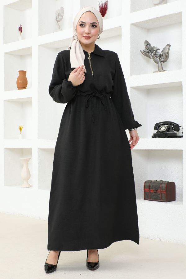 Yakalı Fermuarlı Keten Elbise-2327 Siyah