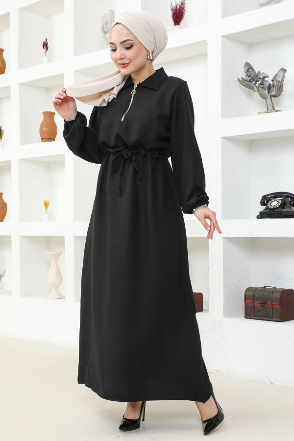 Yakalı Fermuarlı Keten Elbise-2327 Siyah
