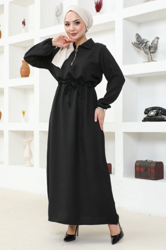 Yakalı Fermuarlı Keten Elbise-2327 Siyah - Thumbnail