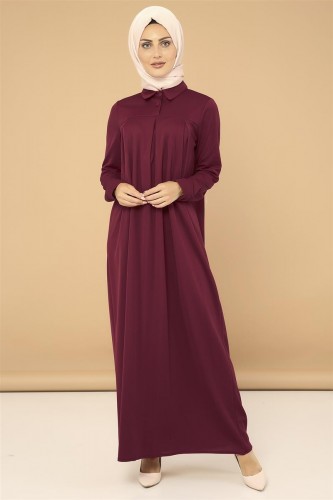 Yakalı Pileli Elbise-3559Bordo - Thumbnail