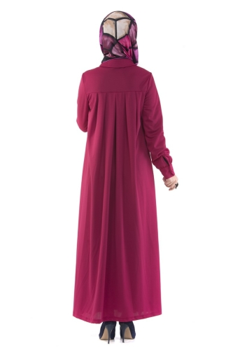 Yakalı Pileli Elbise Fuşya-4016 - Thumbnail
