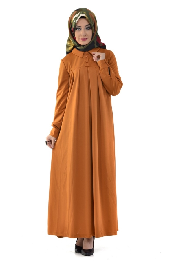 Yakalı Pileli Elbise Hardal Sarısı-4016