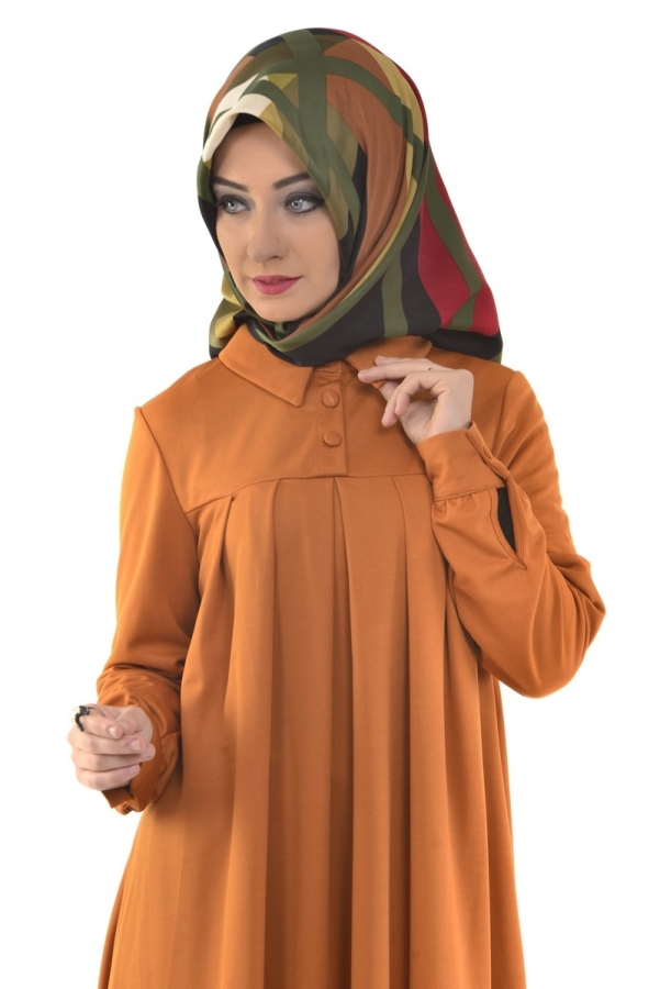 Yakalı Pileli Elbise Hardal Sarısı-4016
