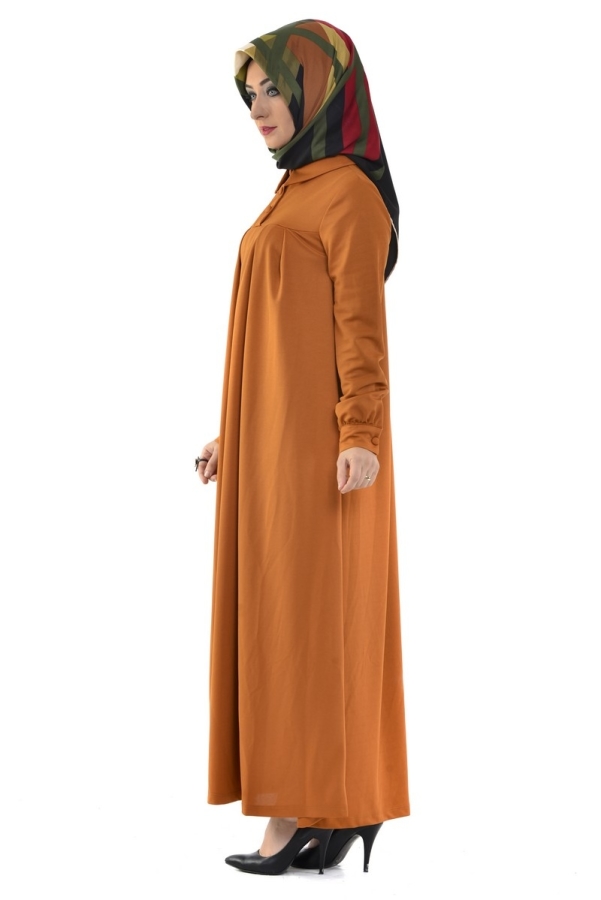 Yakalı Pileli Elbise Hardal Sarısı-4016