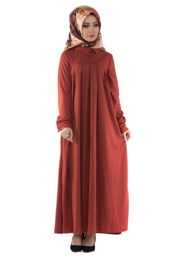Yakalı Pileli Elbise Kiremit-4016