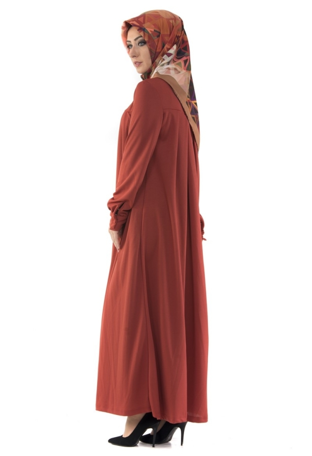 Yakalı Pileli Elbise Kiremit-4016