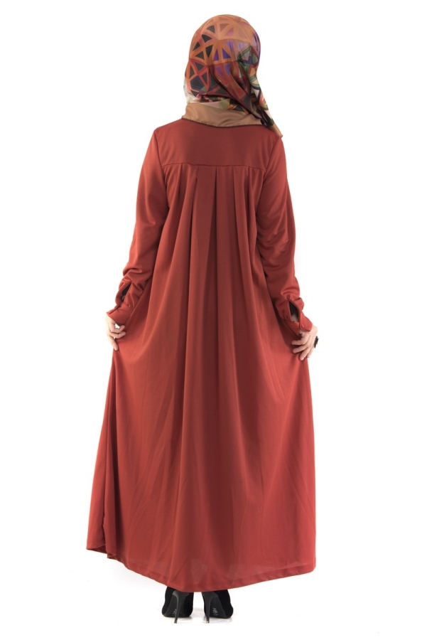 Yakalı Pileli Elbise Kiremit-4016