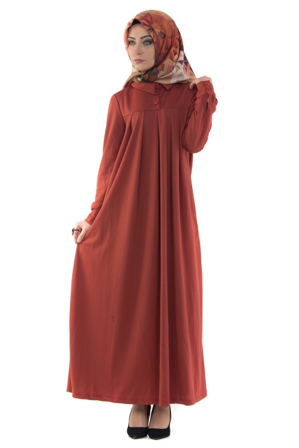 Yakalı Pileli Elbise Kiremit-4016