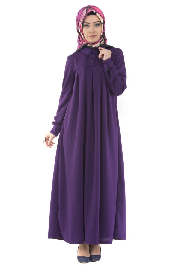 Yakalı Pileli Elbise Mor-4016