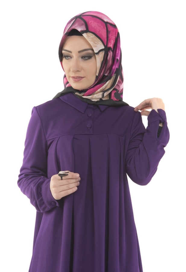 Yakalı Pileli Elbise Mor-4016