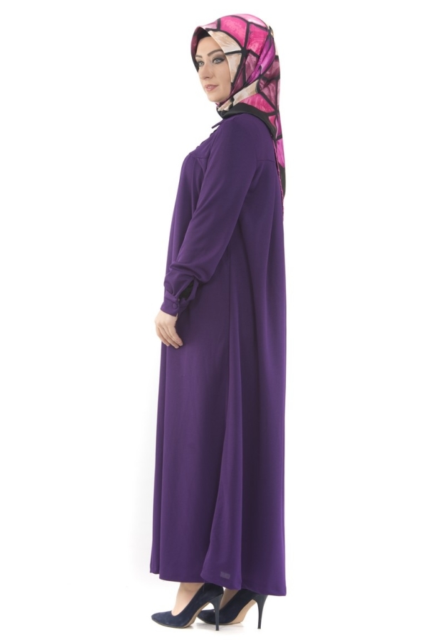 Yakalı Pileli Elbise Mor-4016