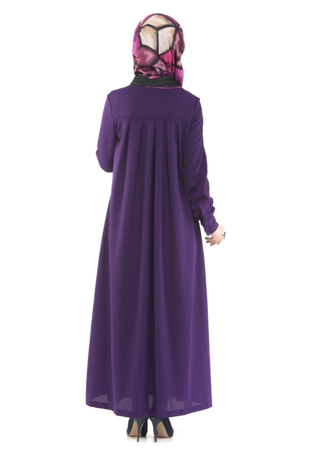 Yakalı Pileli Elbise Mor-4016