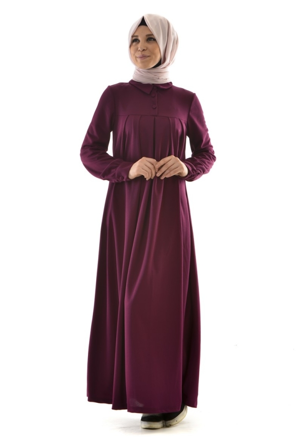 Yakalı Pileli Elbise Mürdüm-4016