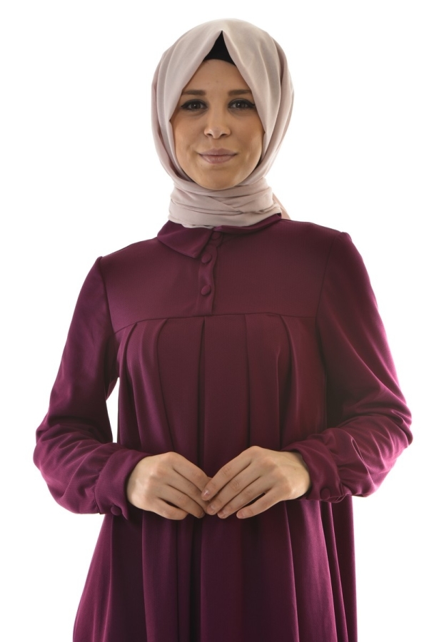 Yakalı Pileli Elbise Mürdüm-4016