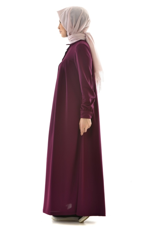 Yakalı Pileli Elbise Mürdüm-4016