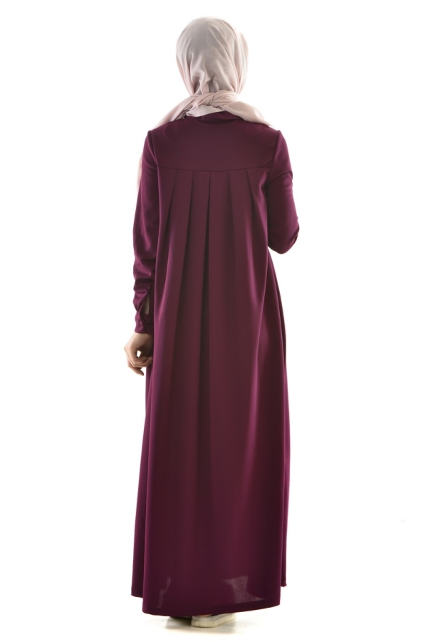 Yakalı Pileli Elbise Mürdüm-4016