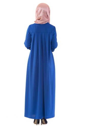Yakalı Pileli Elbise Saks Mavisi-4016 - Thumbnail