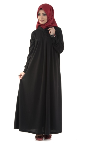 Yakalı Pileli Elbise Siyah-4016 - Thumbnail