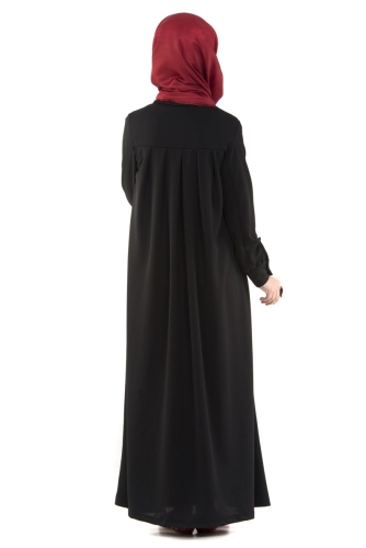 Yakalı Pileli Elbise Siyah-4016 - Thumbnail