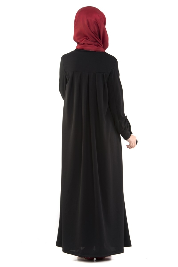 Yakalı Pileli Elbise Siyah-4016