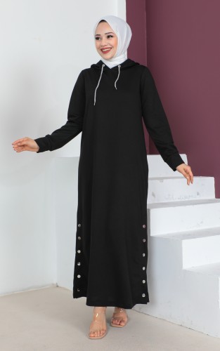 Modaebva - Yandan Düğmeli Kapşonlu Spor Elbise-3111 Siyah