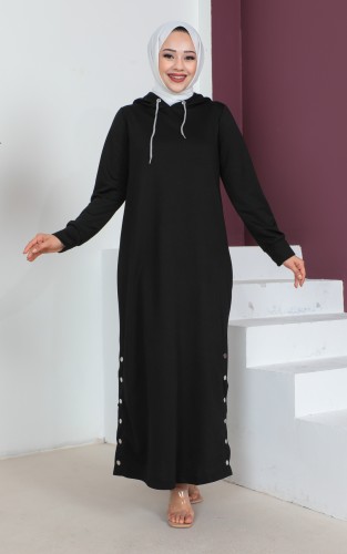 Modaebva - Yandan Düğmeli Kapşonlu Spor Elbise-3111 Siyah (1)