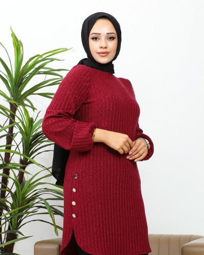 Modaebva - Yandan Düğmeli Selanik Kumaş Tesettür Tunik-3168 Bordo (1)