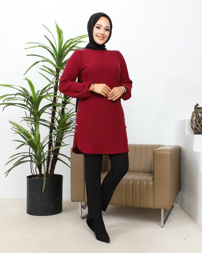 Modaebva - Yandan Düğmeli Selanik Kumaş Tesettür Tunik-3168 Bordo