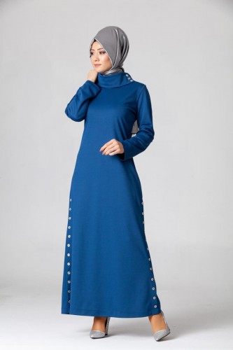 Yandan Düğmeli Spor Elbise-0650 Mavi - Thumbnail
