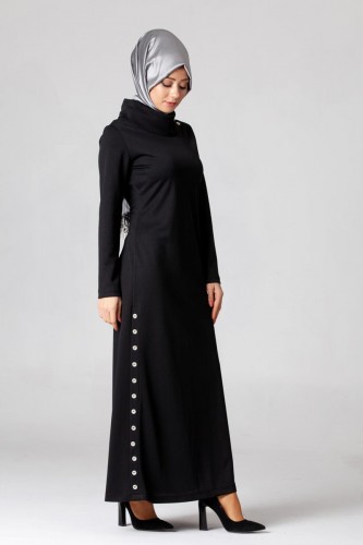 Yandan Düğmeli Spor Elbise-0650 Siyah - Thumbnail
