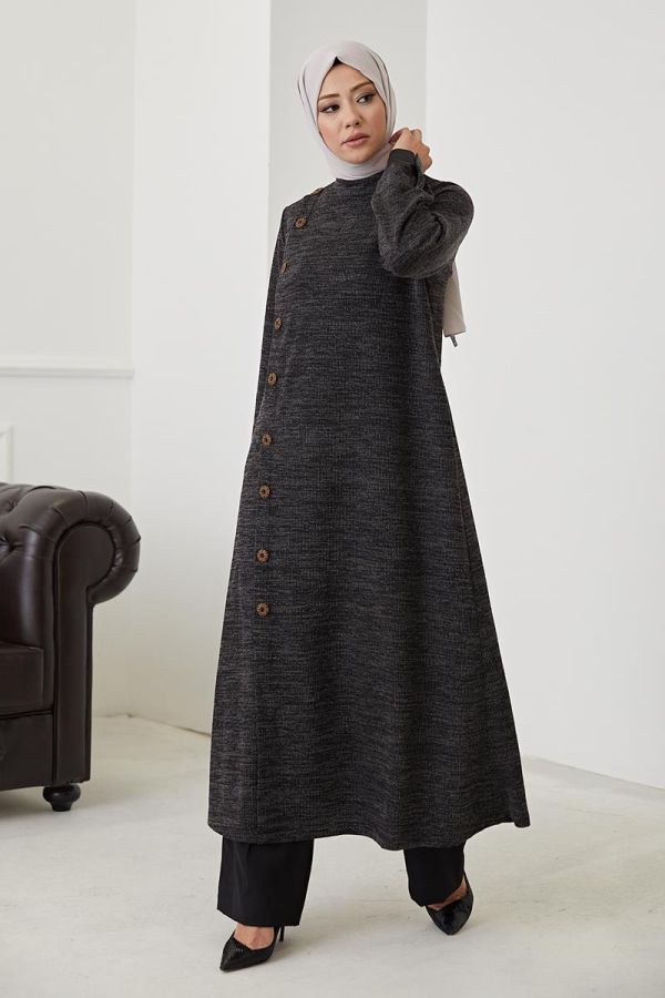 Yandan Düğmeli Tesettür Elbise Tunik-3071 Siyah