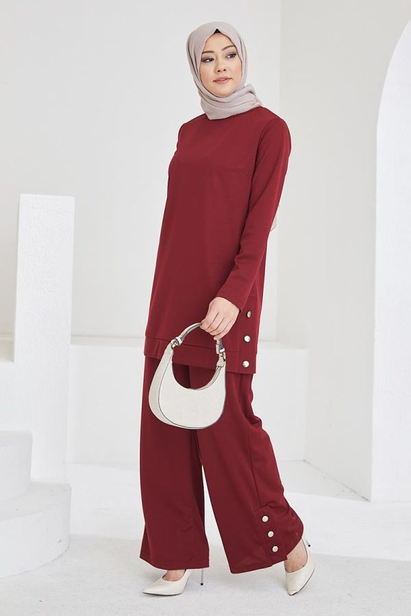 Yanlardan Düğmeli Tesettür Takım-3084 Bordo - 2