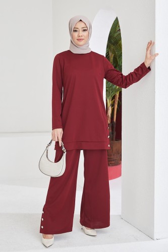 Yanlardan Düğmeli Tesettür Takım-3084 Bordo 